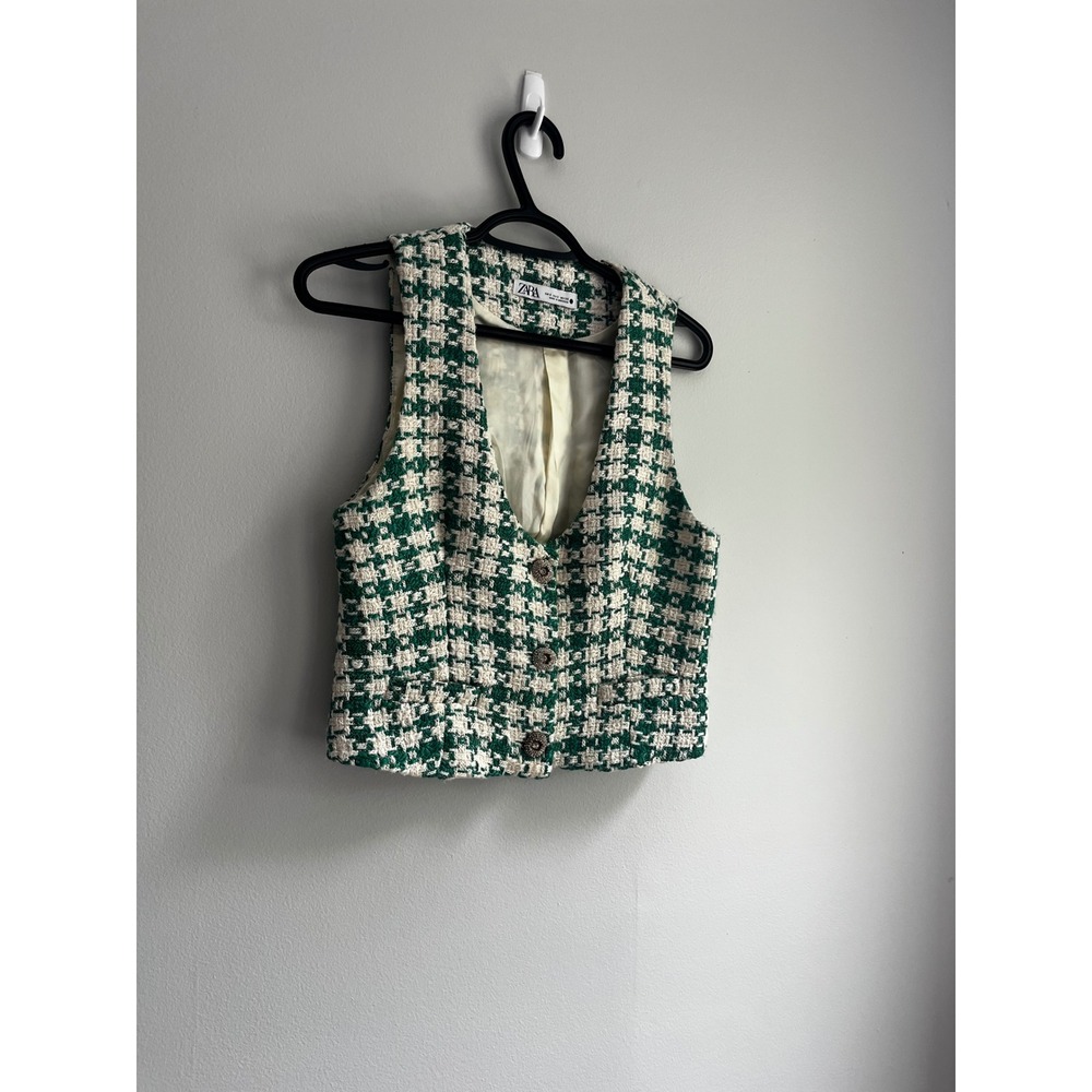 Zara Green Cream Houndstooth Tweed Cropped Waistcoat Vest Small Old Money Preppy